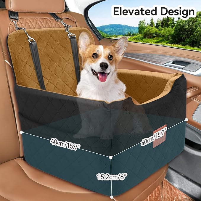 GL GLENSLAVE Dog Car Seat for Small/Medium Dogs Under 35lbs,Memory Foam Dog Booster Seats,Detachable and Washable Traval Pet Car Seat, Dogs Bed with 2 Safety Belts (Black/Coffee)