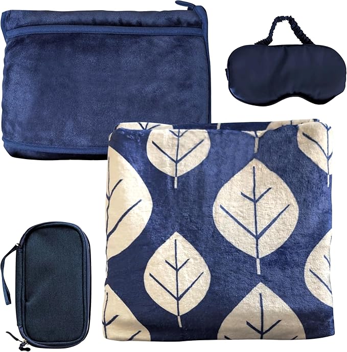 3 Piece Travel Blanket Set with Eye Mask & Cable Organizer , Ultra Soft Flannel Airplane Blanket with Carry Bag , Lightweight, Warm & Compact for Travel, Car, Sofa & Bed , Ideal for Adults & Kids