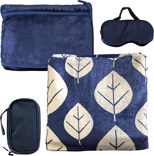 3 Piece Travel Blanket Set with Eye Mask & Cable Organizer , Ultra Soft Flannel Airplane Blanket with Carry Bag , Lightweight, Warm & Compact for Travel, Car, Sofa & Bed , Ideal for Adults & Kids