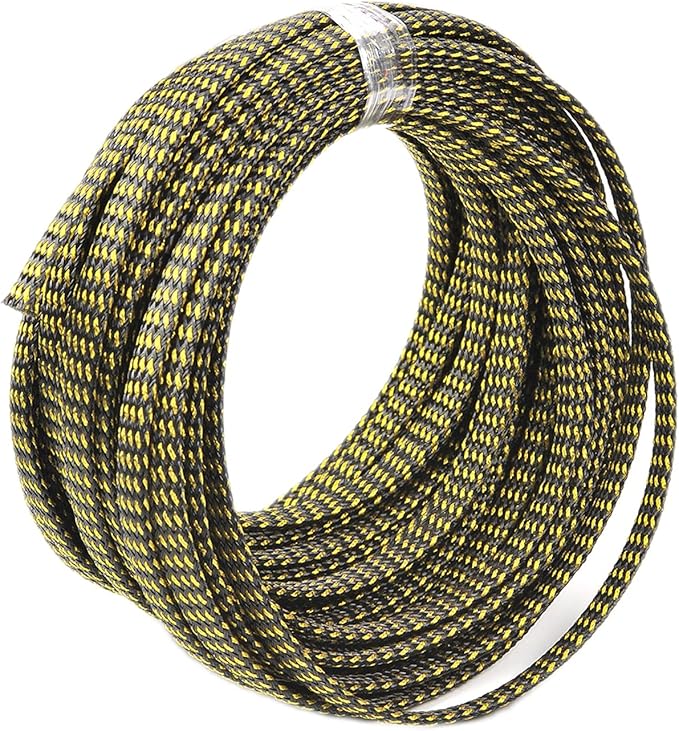 Aicosineg 32.81ft PET Flexible Braided Cable Sleeve 0.25inch Width Wire Loom Sleeving and Organizer Flexible Wire Mesh Sleeve Wrap Protector for TV Audio PC Cords from Pets Chewing Black and Gold