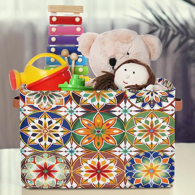 Mandala Flowers Storage Baskets for Organizing, Fabric Collapsible Storage Bins Box Ethnic Boho Decorative Toy Organizer Baskets for Closet Shelves Gift Basket 1 Pc