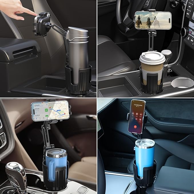 2 Pack Newlest 2 in 1 Phone Mount for Car Cup Holder with Adjustable Base, Phone Holders for Car Cupholder, No Shaking 360° Flexible Neck Phone Mount for All 4-7” Smartphones, Cup Holder for Bottles
