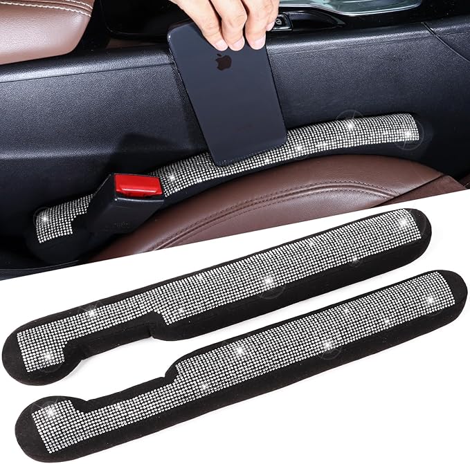 Briwill Bling Car Seat Gap Filler 2 Pack-Crystal Rhinestone Diamond Bling Car Accessories for Women, Gap Stopper Universal fit for Trucks, SUVs, Cute Car Interior Accessories, (Silver)