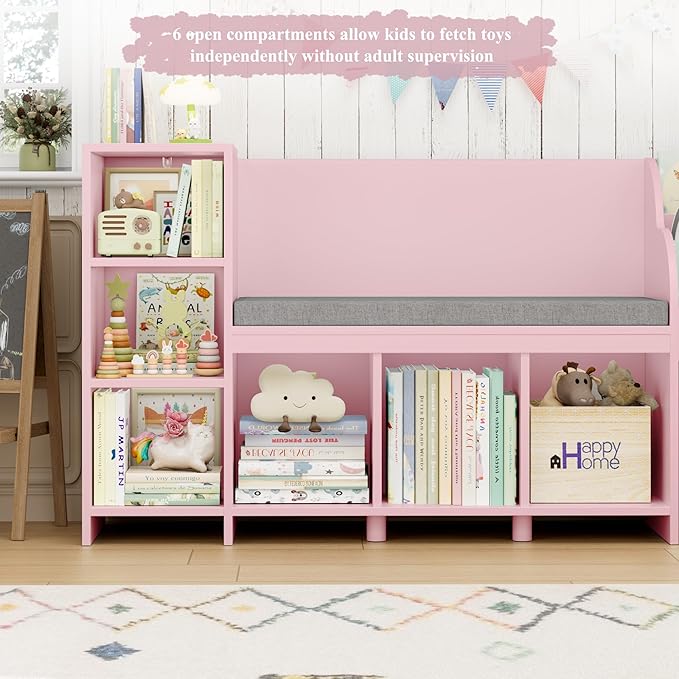 HOSTACK 67" W Kids Reading Nook with Toy Storage Organizer, Large Kids Bookshelf with Toy Storage Box on Wheels, Big Kid Bookcase with Bench and 6 Open Cubbies for Playroom, Kid Room, Pink