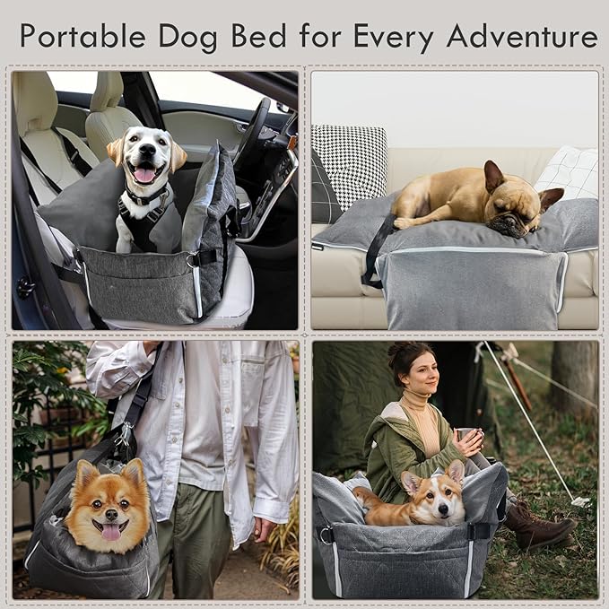 Dog Car Seat for Small/Medium Dogs Under 40 lbs - Elevated Pet Seat with Safety Belt, Non-Slip Base, and Storage Pockets for Car Travel Gray