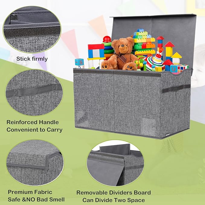 YOLOXO Toy Box Chest, Collapsible Sturdy Storage Bins with Lids, Extra Large Kids Toy Storage Organizer Boxes Bins Baskets for Kids, Boys, Girls, Nursery Room, Playroom, Closet (Linen Gray)