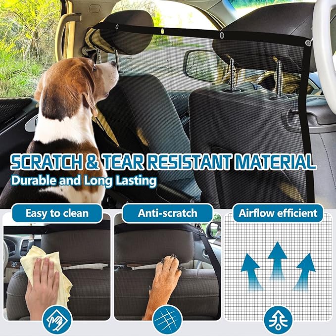 Car Dog Barrier Net,Dog Car Divider with Adjustable Ropes and Hooks One-Piece Design Mesh Fence Universal for Most Cars, SUVs, Pickups, Trucks and Vans (45x21 Inches)