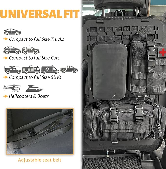 MAIKER Rigid Molle Panels for Vehicles Truck Mount Rack Tactical Seat Back Organizer Versatile Panel with 3 Storage Bag & 5 Hook and Loop Fasteners & 2 Elastic Rope for Storage Gears Accessories