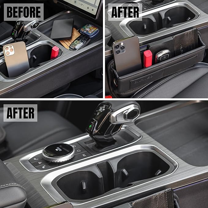 Car Seat Gap Filler Organizer with Charging Hole, In Between Car Seat Catcher for Car, Truck, SUV, Premium PU Leather Interior Accessories, Console Organizer for Phone, Keys and Small Items – Black