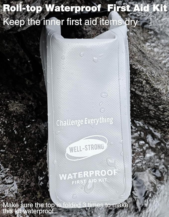 Boat First Aid Kit Waterproof, WELL-STRONG Marine Emergency Kit with Roll Top Dry Bag for Boating Fishing Kayaking – Water-Resistant Contents for Camping & Beach（Light Grey）