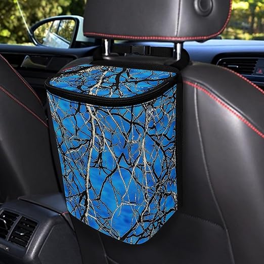 KEIAHUAN Blue Branch Camo Car Trash Can with Lid Multipurpose Collapsible Trash Bin for Car Hanging Vehicle Trash Bag Small Portable Automotive Garbage Cans Vehicle Interior Accessories