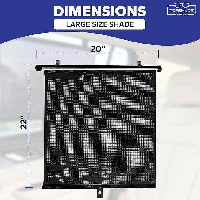 TopShade Car Window Roller Shade - Retractable Auto Side Window Sun Shade for Cars, Trucks, SUVs - UV Protection & Heat Blocker - Baby & Pet Safe - Easy Install (2 Pack, Large, Black)