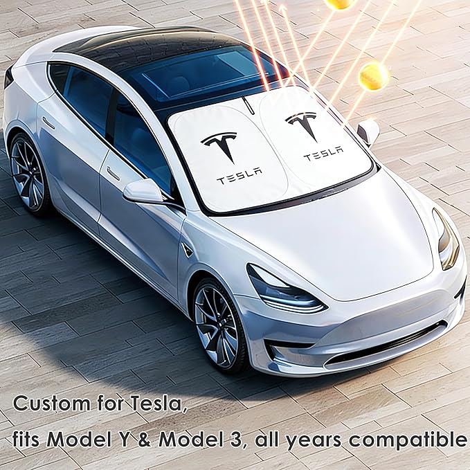 Windshield Sunshade for Tesla Model 3 & Model Y, Digital Printed Double-Sided Fabric Sun Visor, Silver Outside Black Inside UV Block Sunshade Compatible with 2017-2026 Model 3 2021-2026 Model Y
