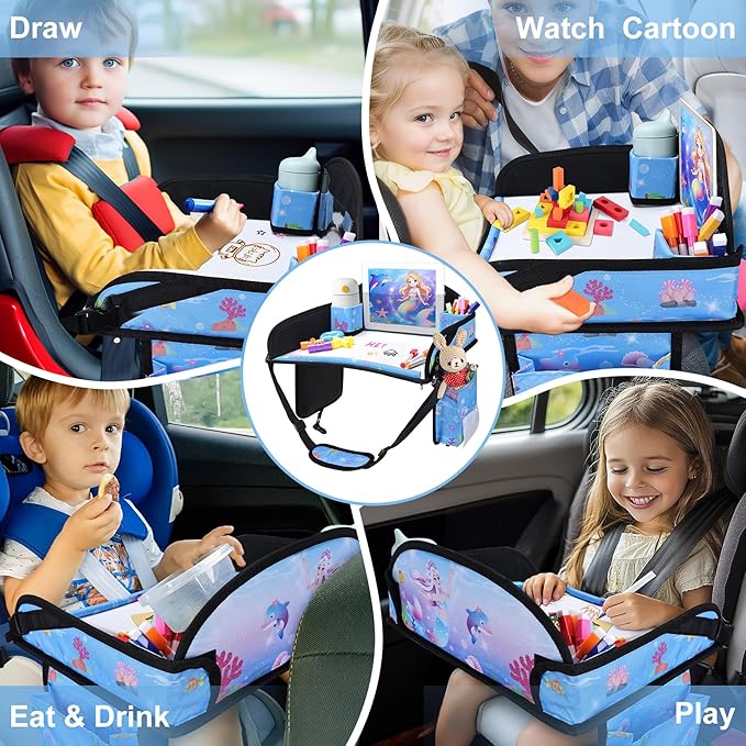 Kids Travel Tray, Kids Travel Trays for Car Seat, Road Trip Essentials for Toddler, Carseat Lap Tray with Dry Erase Board & Storage Organizer for Road Trip Activities for Kid, Bluish Violet