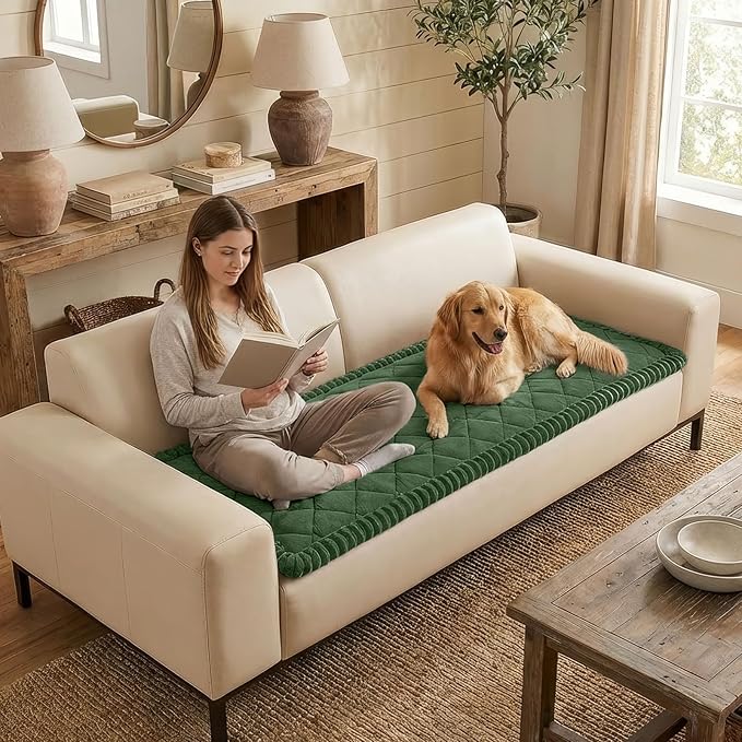 Smiry Fuzzy Couch Cover for Dogs, Non Slip Washable Pet Sofa Cover, Scratch Proof Hair Resistant Plush Sofa Slipcover, Pet Friendly Couch Cushion Protector for Cat, Green, 27.6" x 88"