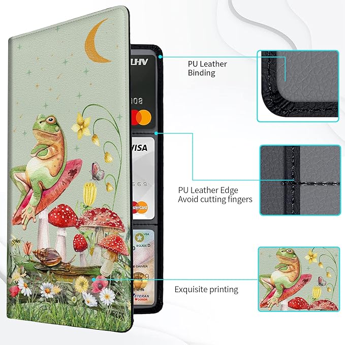 Car Registration and Insurance Card Holder, Premium PU Leather Vehicle Wallet Cover for Glove Box Car Organizer Drivers License / Cards / ID Essentials Document Holder, Aesthetic Mushroom Frog Green