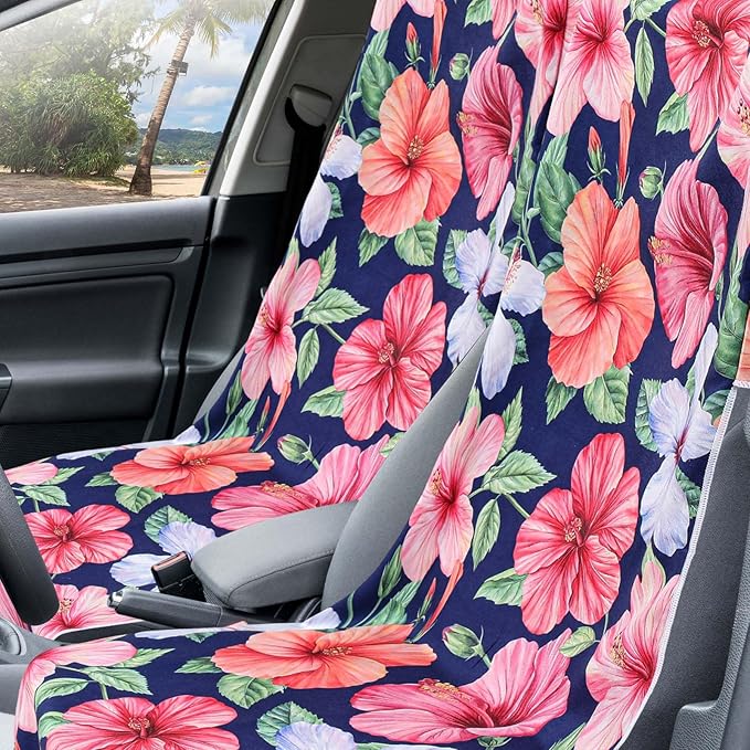 Hahafelt 2 Pack Car Seat Towel Covers with Storage Bag 63 x 32 Inch Athletic Running Towel Seat Sweat Washable Non Slip Cover Gift for Car Outdoor Sport Activities (Summer Flower Hibiscus)