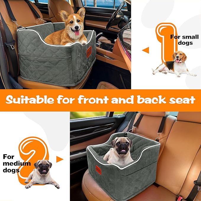 Dog Car Seat for Small Medium Dogs, Detachable Washable Dogs Booster Seat Under 35lbs, Elevated Dog Car Bed with Storage Pockets (Dark Grey, One Size)