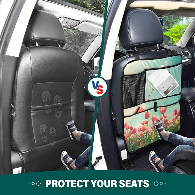 Beautiful Spring Tulips and Herringbone Birds 2 Pack Backseat Car Organizer with Storage Pockets Seat Back Organizers for Kids Kick Mats Backseat Protector Automotive