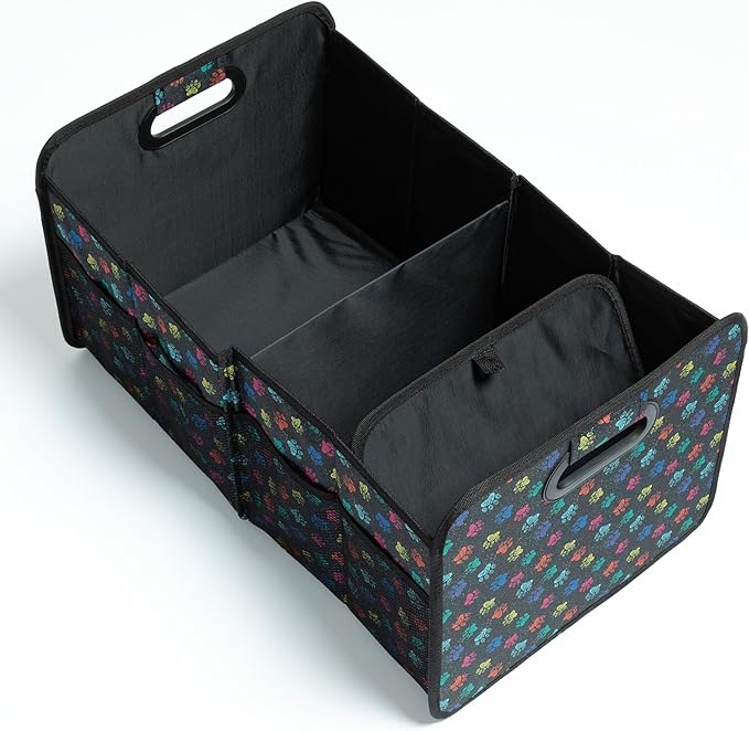 Paws Car Trunk Organizer Foldable Storage Bin with Handles Non Slip Base Pet Gear Travel Tote for SUV Truck (Confetti Paws)