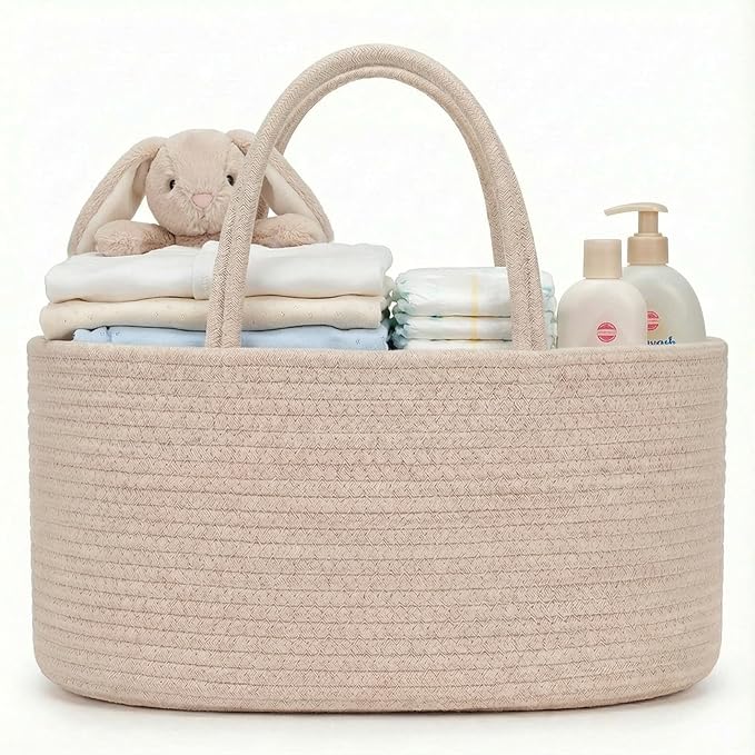 luxury little Diaper Caddy Organizer, Large Cotton Rope Nursery Baby Basket, Changing Table Organizer for Baby Diaper Storage, Portable Car Organizer Removable Divider (Oatmeal, Large)