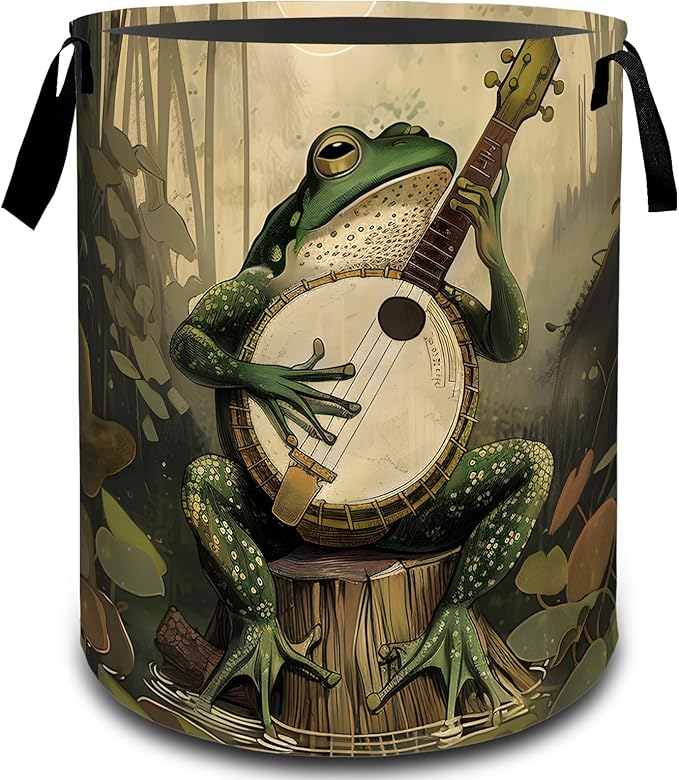 Fantasy Frog Banjo Swamp Laundry Basket, Dirty Collapsible Clothes Toy Organizer Hamper for Kids Adults, Oxford Cloth Waterproof Storage Bin for Bedroom Bathroom Funny Decor Gifts, 19.7"X15.7"