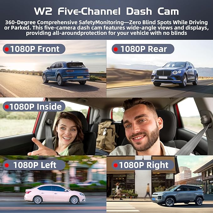 5 Channel 360° Dash Cam for Cars, 2160P/1080P UHD, Super Night Vision with IR LEDs, Built-in 5G WiFi, G-Sensor, 24H Parking Monitoring, 64GB TF Card Included, 3" Screen