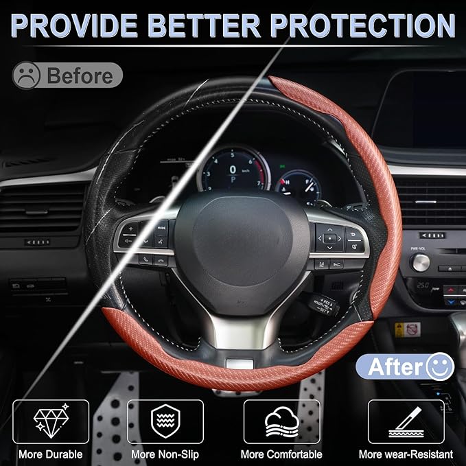 Amiss 3pcs Carbon Fiber Anti-Skid Steering Wheel Cover, Waterproof & Segmented Butterfly Design, Universal 99% Vehicle Wheel Cover Protector, Car Interior Accessories (Champagne-3pcs)