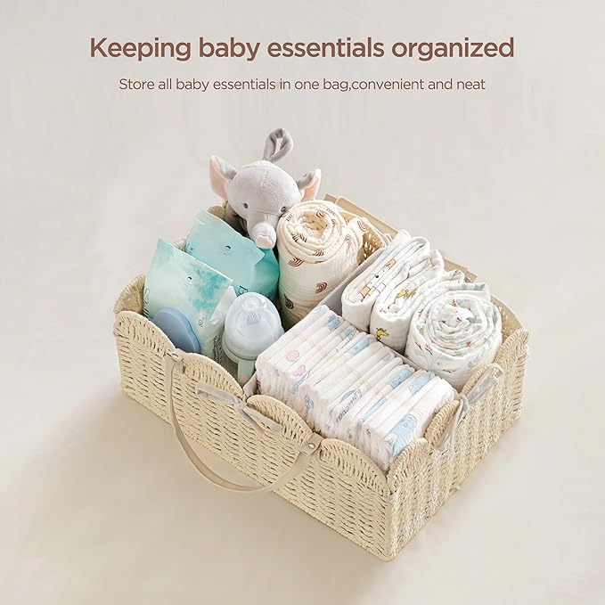 HBlife Large Baby Diaper Caddy, Paper Rope Storage Baskets Nursery Bin with Removable Divider, Portable Car Organizer for Diapers, Baby Shower Gifts, Newborn Essentials Must Haves