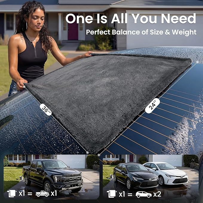 REEVAA Superior Microfiber Car Drying Towel [3S Drying, Pro-Grade Care] Car Cleaning Cloth Accessories for Sedan, SUV, Truck, 1300GSM, 2-Pack (36" × 24"+16" × 16"), Gray