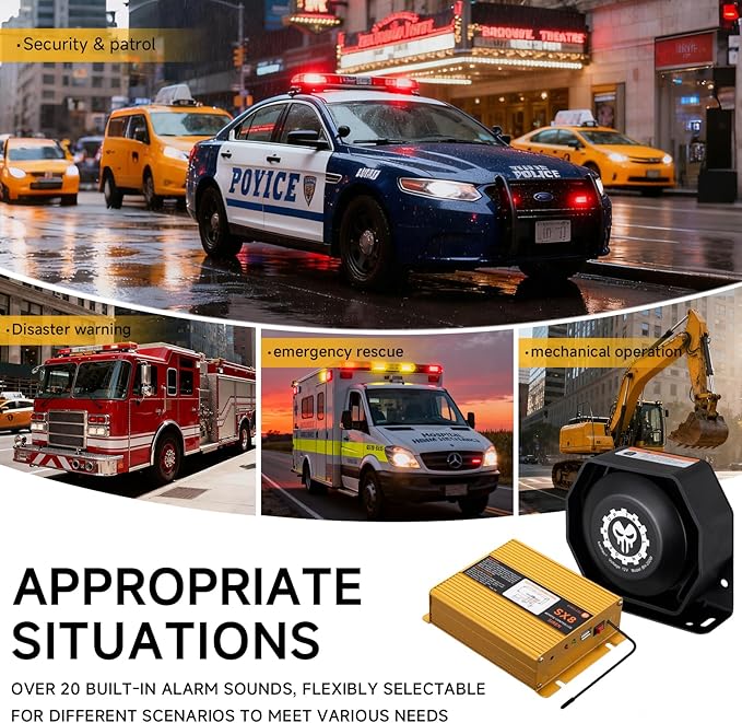 Police Siren Speaker PA System Kit 12V Warning Emergency Siren 200W 125-145dB Remote Control with Handheld Microphone for Ambulance Vehicles Truck Car SUV ATV UTV