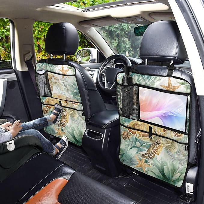 2 Pack Back Seat Car Organizer with Storage Pockets Kick Mats Back Seat Protector Hanging Car Organizer Automotive Seat Back Cover Organizers Sea Turtle Starfish Plants