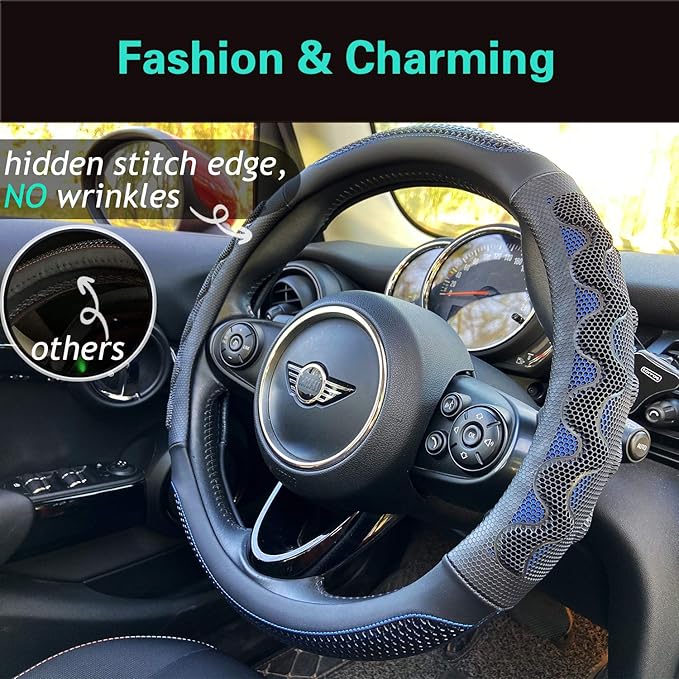 PINCTROT Large Size Steering Wheel Cover Great Grip with 3D Honeycomb Anti-Slip Design, 15.5-15.75 Inch (Blue)