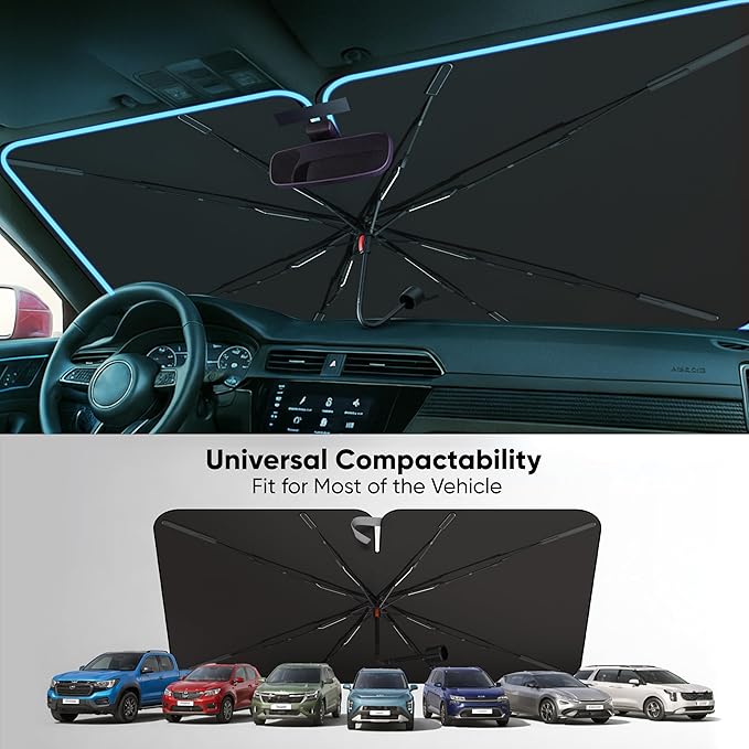 EcoNour Premium Umbrella Windshield Sun Shade for Car | Foldable UV Blocker Front Windshield Sunshade | Umbrella Shade Accessories with Storage Pouch | Fit for Sedan & Hatchbacks - Small 52"x31"