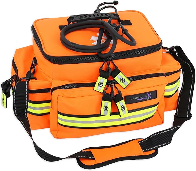 Lightning X Mid-Sized First Responder EMT Bag | LXMB25 | Fully Stocked w/ 240+ First Aid, EMS & Trauma Supplies - Orange