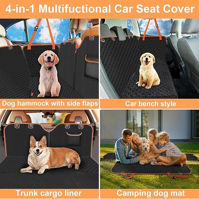 Mancro Dog Car Seat Cover for Back Seat, 2026 Upgraded 600D Heavy Duty Waterproof & Scratch-Resistant Dog Hammock for Car, Back Seat Pet Cover for Dogs with Sedan, Standard, Orange