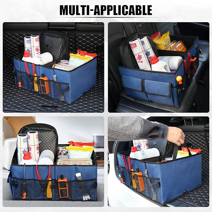 UYYE Auto Collapsible Trunk Organizer, 3 Large Compartments and 6 Pockets Durable for Cargo Storage, Easy to Storage Tools With Adjustable Securing Straps and Non-Slip Bottom for Car (Dark Blue)