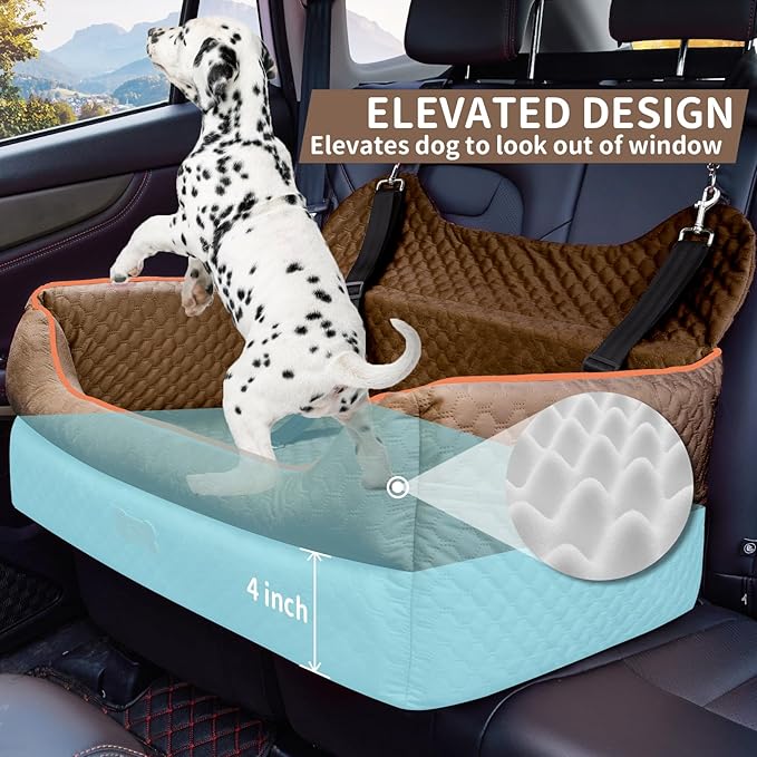 Dog Car Seat for Large/Medium Dogs - Memory Foam Dog Booster Seat for Under 55Lbs or 2 Small Dogs-Detachable and Washable Travel Bed with Thick Cushion and Storage Pockets-Brown