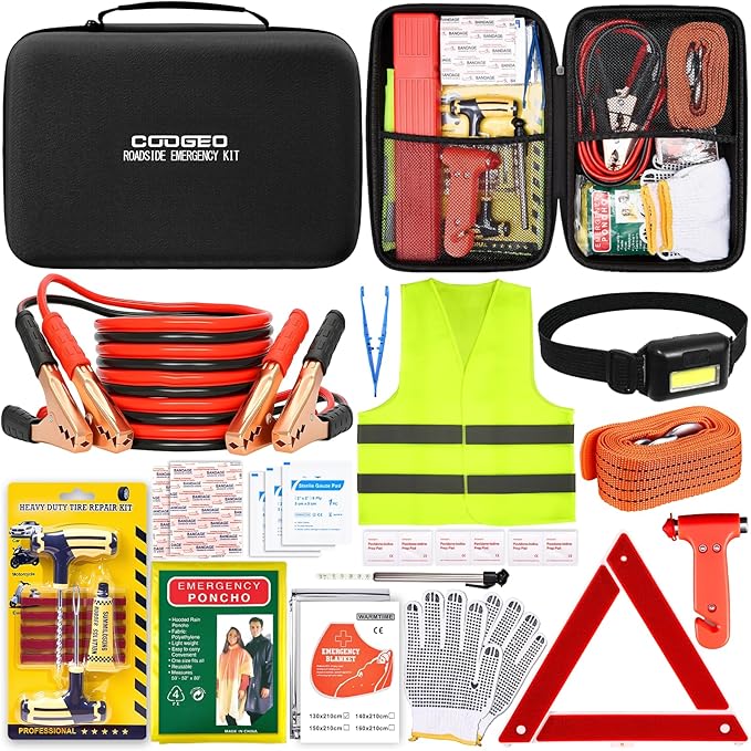 COOGEO 15PC Car Emergency Kit with Jumper Cables, Roadside Assistance Safety Kit for Auto & Truck, Includes Safety Hammers, Tow Strap, Warning Triangle, First Aid, Gifts for Young Men or Women, Black