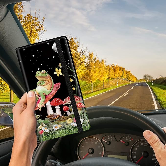 Car Registration and Insurance Card Holder, Premium PU Leather Vehicle Wallet Cover for Glove Box Car Organizer Drivers License/Cards/ID Essentials Document Holder, Aesthetic Mushroom Frog