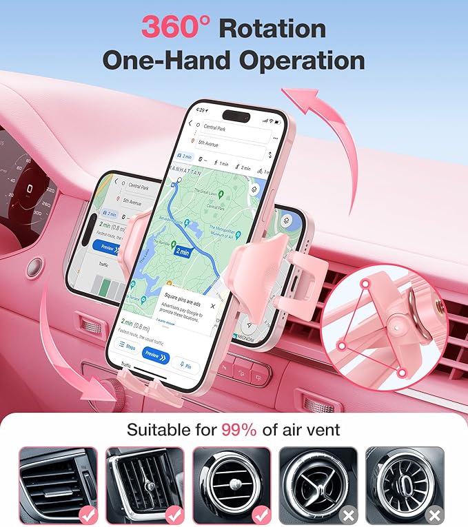 VICSEED Pink Phone Holder for Your Car [ Sturdy & Secure ] Air Vent Phone Mount for Car Hands Free Easy Clamp Cradle in Vehicle for iPhone Samsung Android Smartphone, Pink Car Accessories