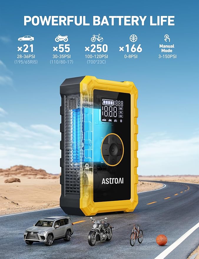 AstroAI S8 Air Jump Starter with Air Compressor,3000A Peak Car Battery Jump Starter Portable (9.0 Gas/6.5L Diesel) with 150PSI Cordless Auto-Shutoff Tire Inflator, 12V Battery Charger Booster(Yellow)