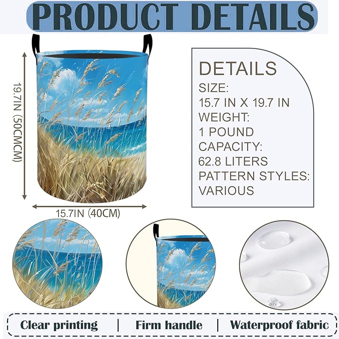 Coastal Beach Grass Laundry Basket Hamper 19.7"x15.8", Foldable Waterproof Oxford Clothes Storage Bucket for Room Bathroom Bedroom Nursery Decor, Toy Organizer Bins Gifts for Kids Boys Girls