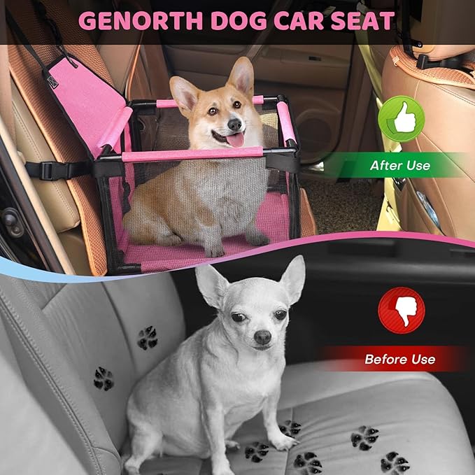 GENORTH Dog Car Seats for Small and Medium Dogs,Portable Puppy/Pet Car Booster Seat with Clip-On Leash and Mesh Window for Pet Up to 20 lbs