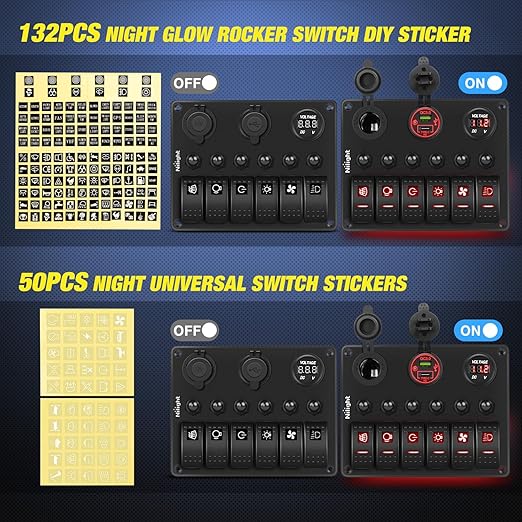 Nilight 6 Gang Rocker Switch Panel Waterproof Pre-Wired Aluminum Panels with PD Type C and USB Cigarette Lighter Socket Voltmeter 12V 24V ON Off Switches for Car Trucks Boats RVs Red
