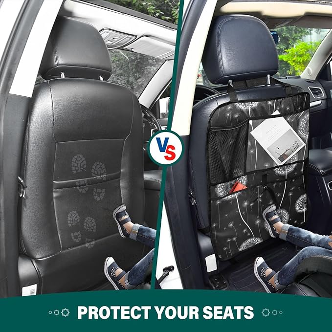 Black Dandelion 1 Pack Backseat Car Organizer with Storage Pockets Seat Back Organizers for Kids Kick Mats Backseat Protector Automotive