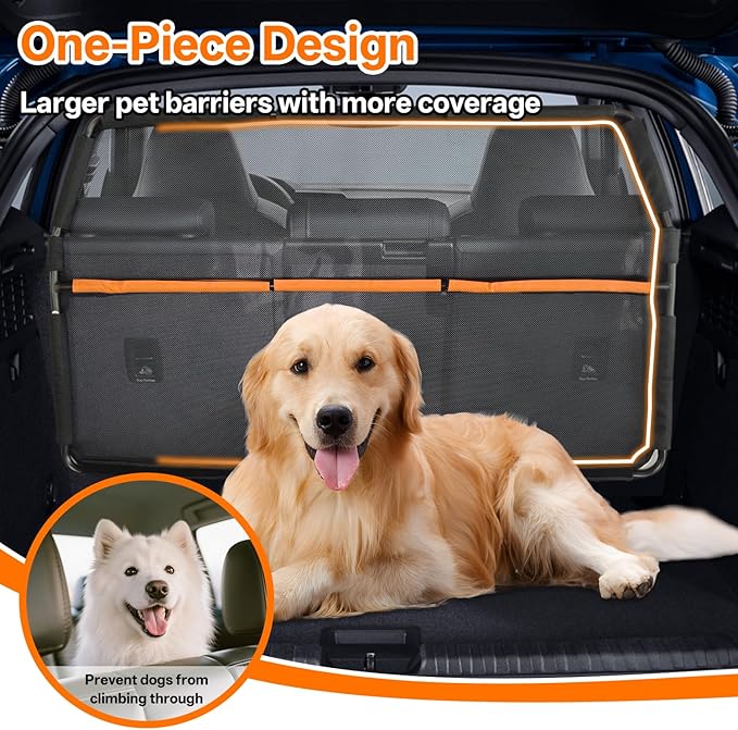 Dog Barrier for SUV - 50" Wide Escape-Proof Dog car Divider Back seat Barrier, Durable Nylon/PVC Mesh Net | Foldable Car Dog Barrier for Trucks, Mid-Sized Vehicles & SUVs