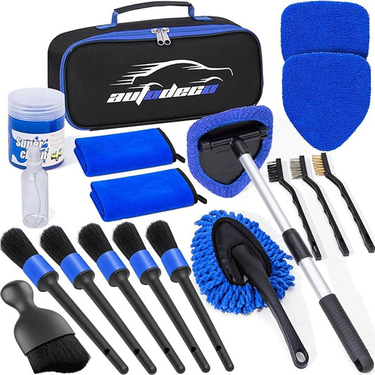 AUTODECO Windshield Cleaner Tool, 17Pcs Car Interior Detailing Kit, Detailing Brush, Towels, Duster, Car Cleaning Kit Interior for RVs, Truck, Trailer (Blue)