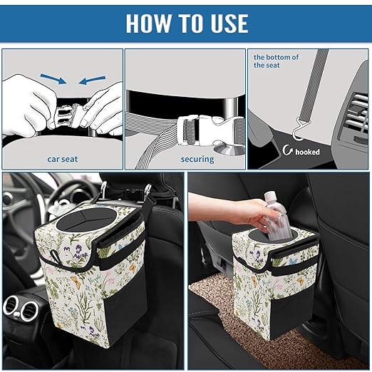 Car Trash Can with Lid Vintage Botanical Wildflowers Collapsible Reusable Leak-Proof Auto Garage Bag,Hanging Vehicle Car Accessories Interior Car Organizer