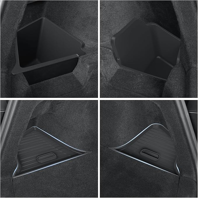 LUCKEASY Rear Trunk Storage Bins Fit for Tesla Model Y Juniper 2025 2026 Trunk Side Storage Box with Lids Rear Cargo Garbage Bins for Model Y Juniper 2025.03-Present Accessories Black TPE